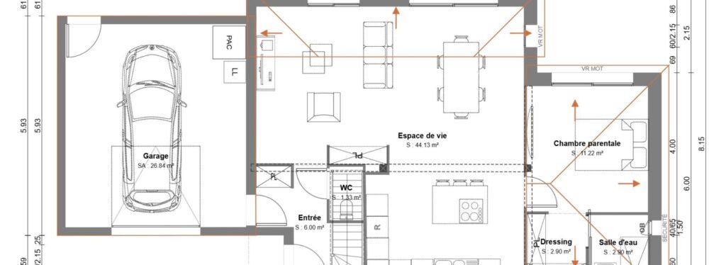 Plan du rez-de-chaussée de l’avant-projet maison avec combles