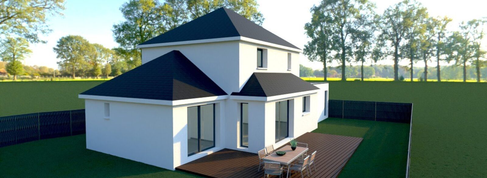 Perspective 3D de l’avant-projet maison avec combles, côté jardin