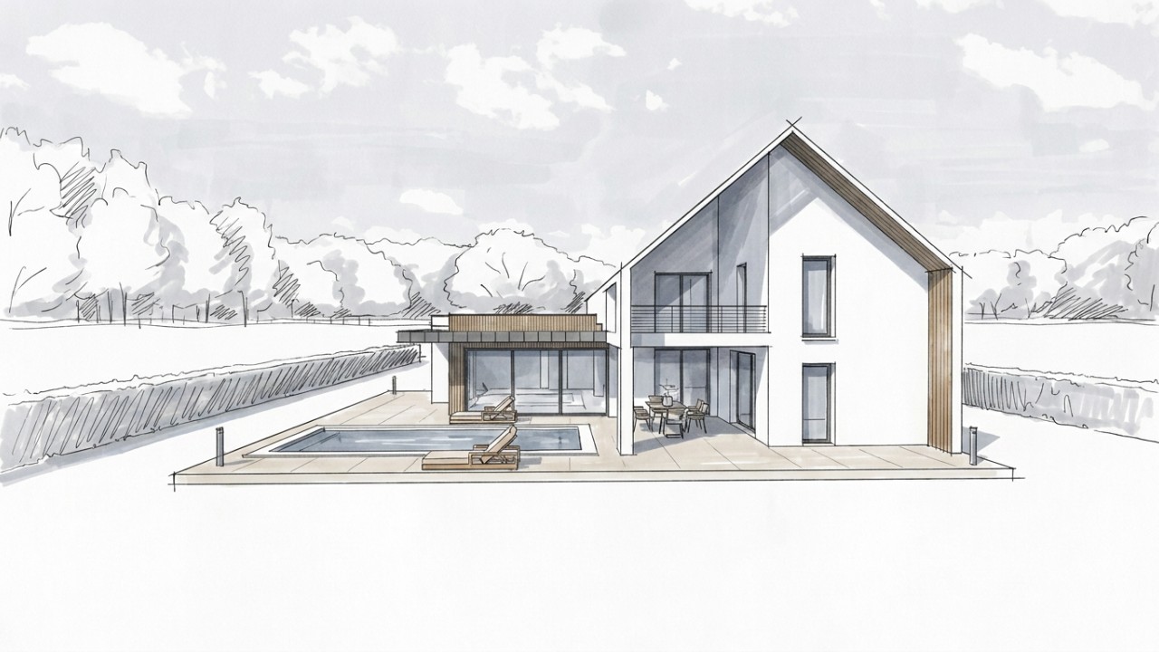 Croquis d’une maison contemporaine avec terrasse et piscine