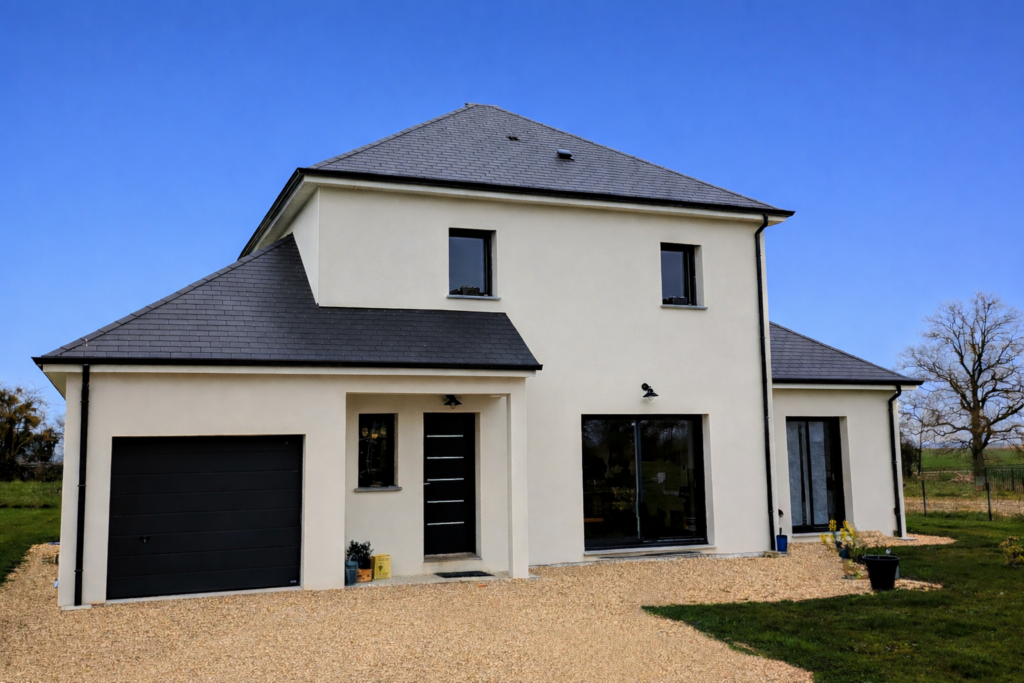 Maison contemporaine à étage avec garage, enduit blanc et toiture en ardoise