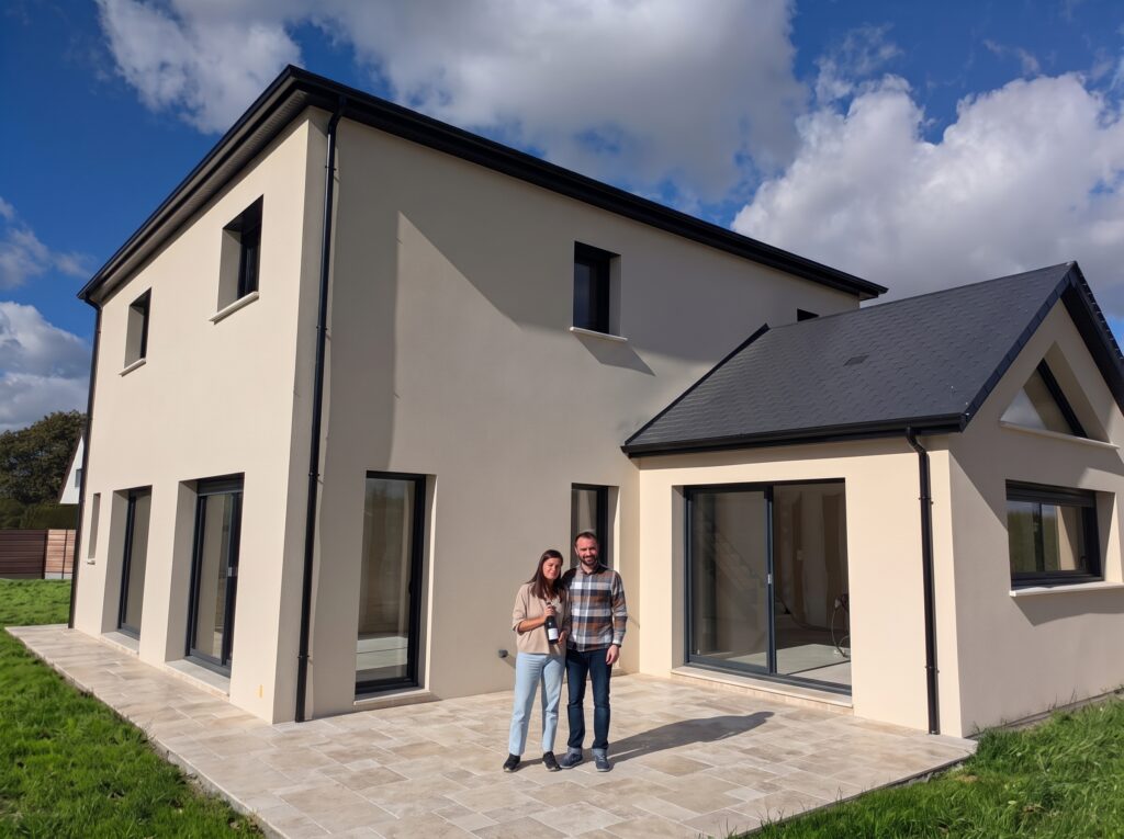 Des propriétaires devant leur maison neuve à étage