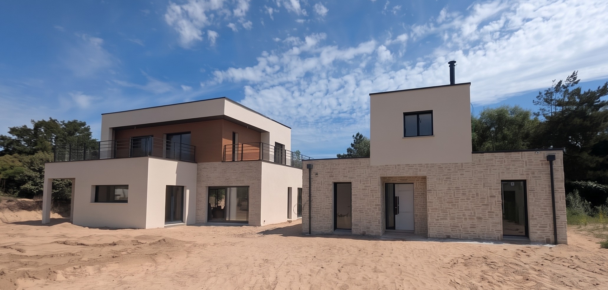 Maison contemporaine à toit plat avec parement en pierre