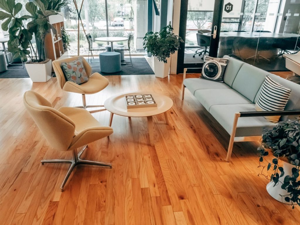 Espace d’accueil chaleureux avec fauteuils et plantes